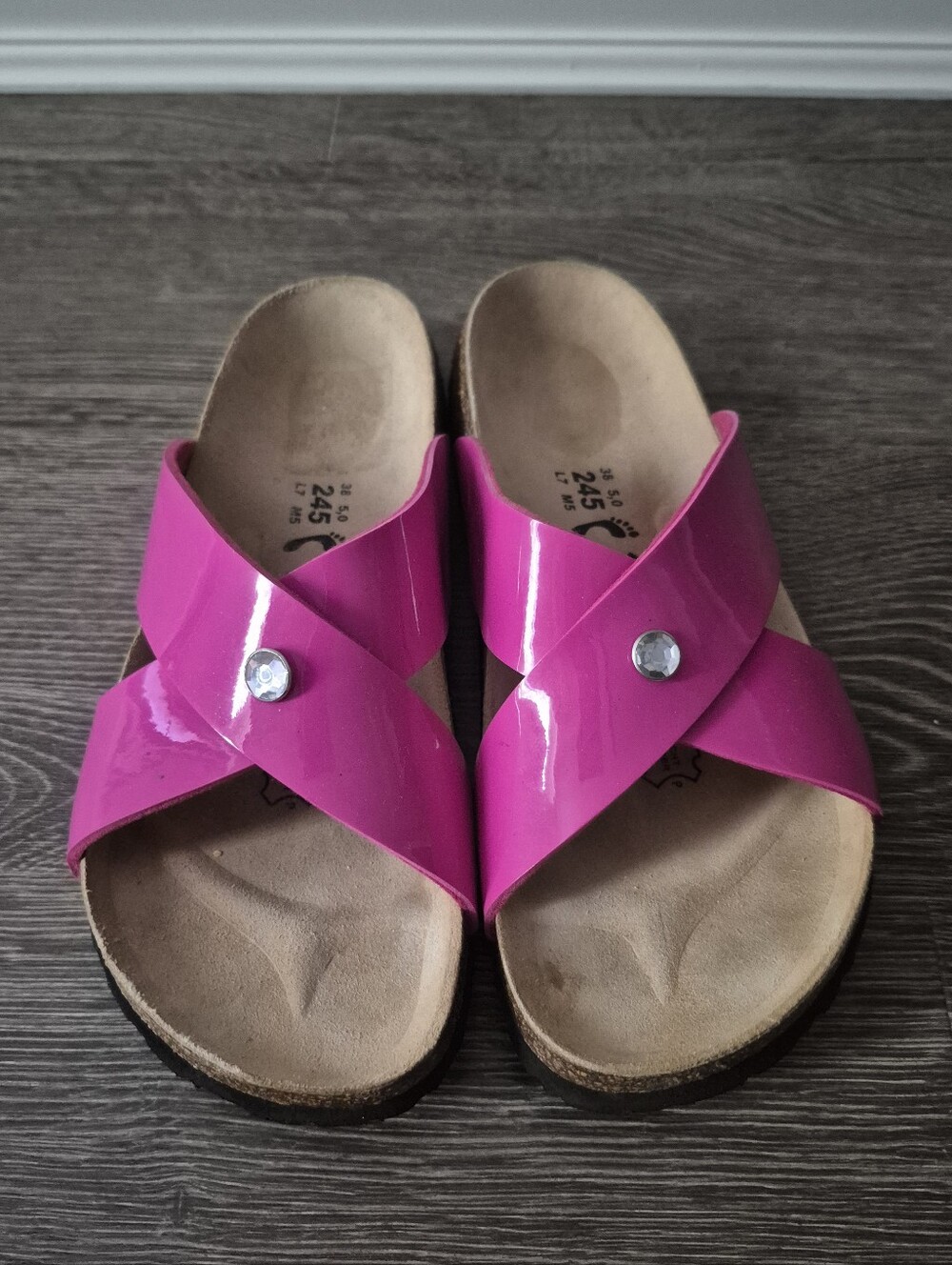 Betula Birkenstock Sandals Fuschia Pink Criss Cross Rhinestone Detail Size 38